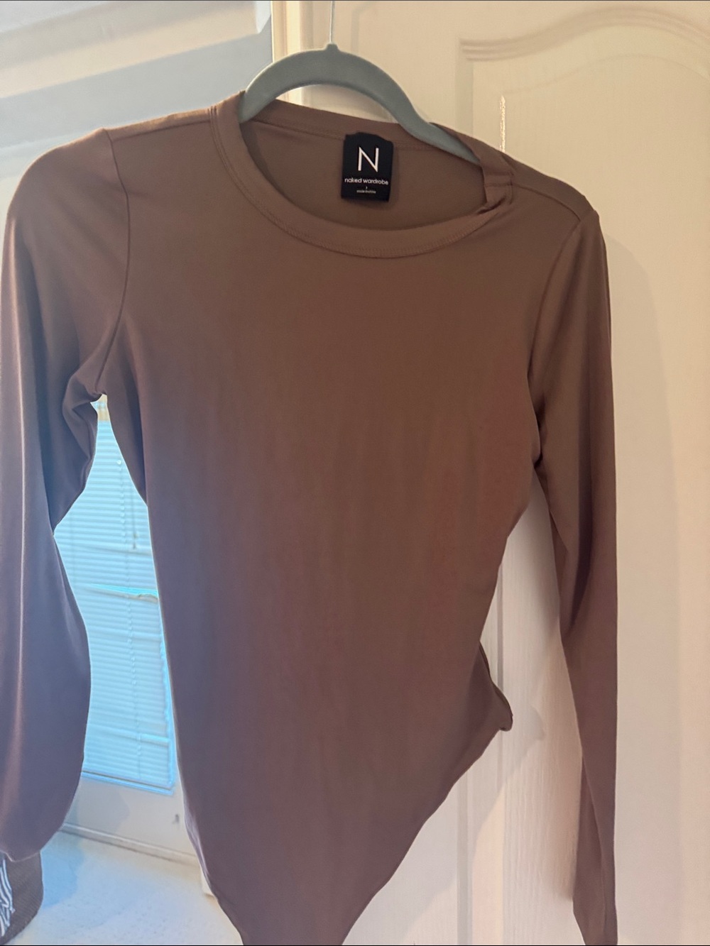 naked wardrobe Long Sleeve Crewneck Bodysuit in Taupe Brown